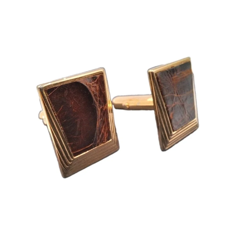 Vintage Swank Cufflinks Leather Accented Face with Ribbed Gold Tone Design 7/8